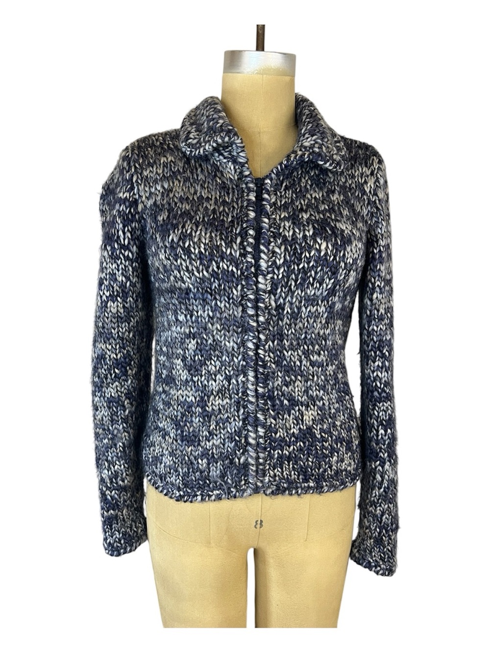 Hand Knit Thick Wool Marled Navy Ivory & gray Zip Cardigan Sweater